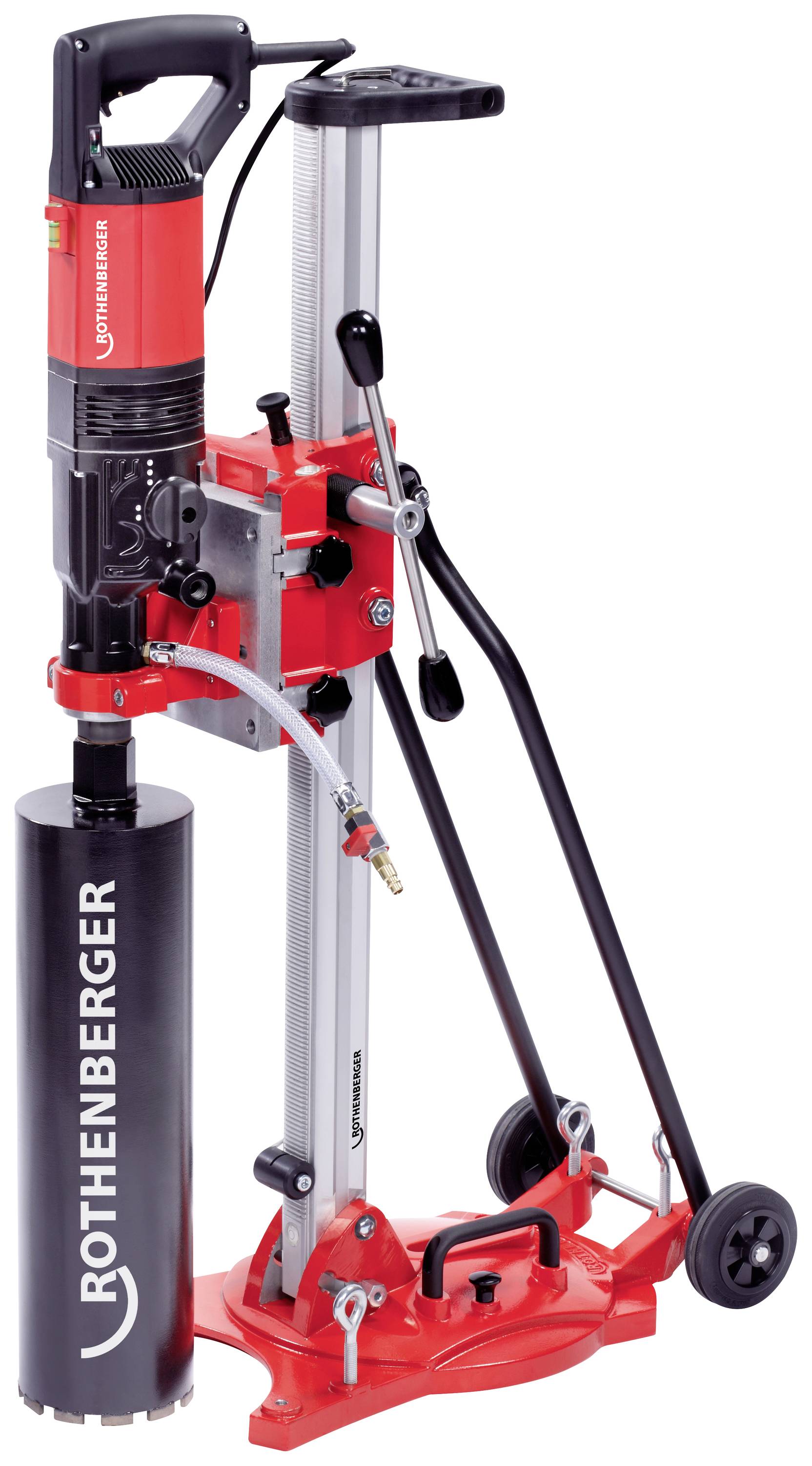 Befestigtes Kernbohrgerät von Rothenberger mit rotem Gehäuse und schwarzem Motor, geeignet für präzises Bohren in harten Materialien.