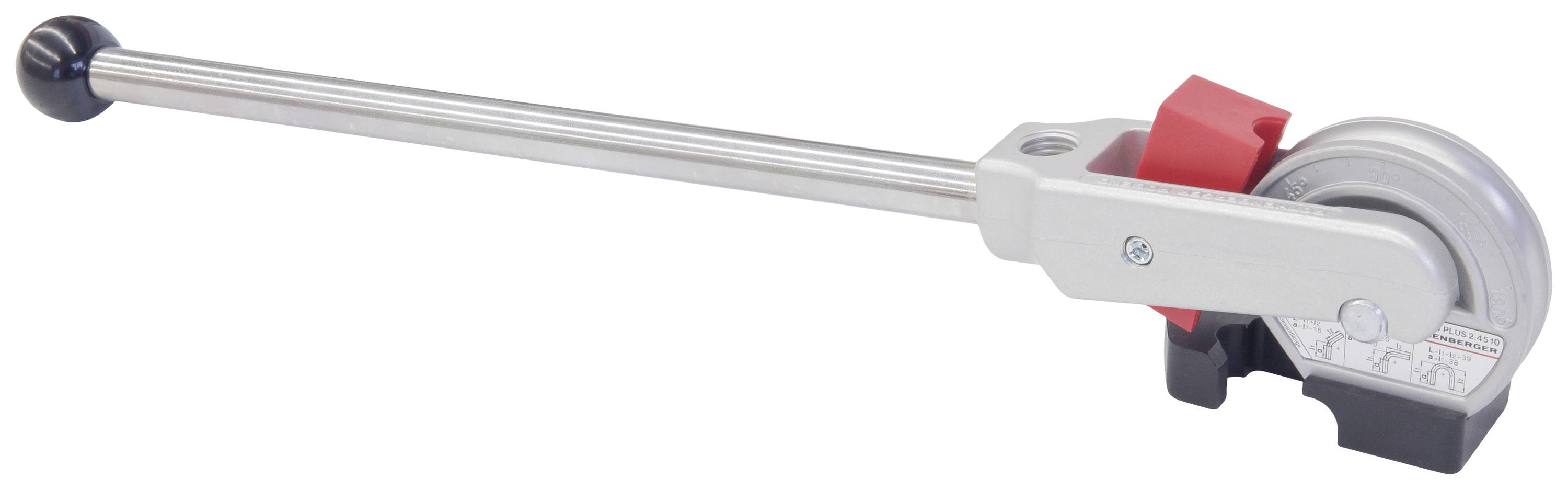 Handbetriebenes Rohrbiegewerkzeug mit langem Griff, silbernes Gehäuse und rotem Hebel.