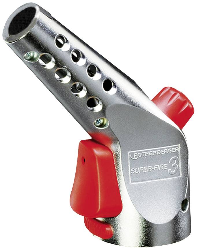 Ein handlicher, silberner Lötkolben mit roten Griffen, Modell 'ROTHENBERGER SUPER FIRE 3', mit Lüftungsschlitzen an der Düse.