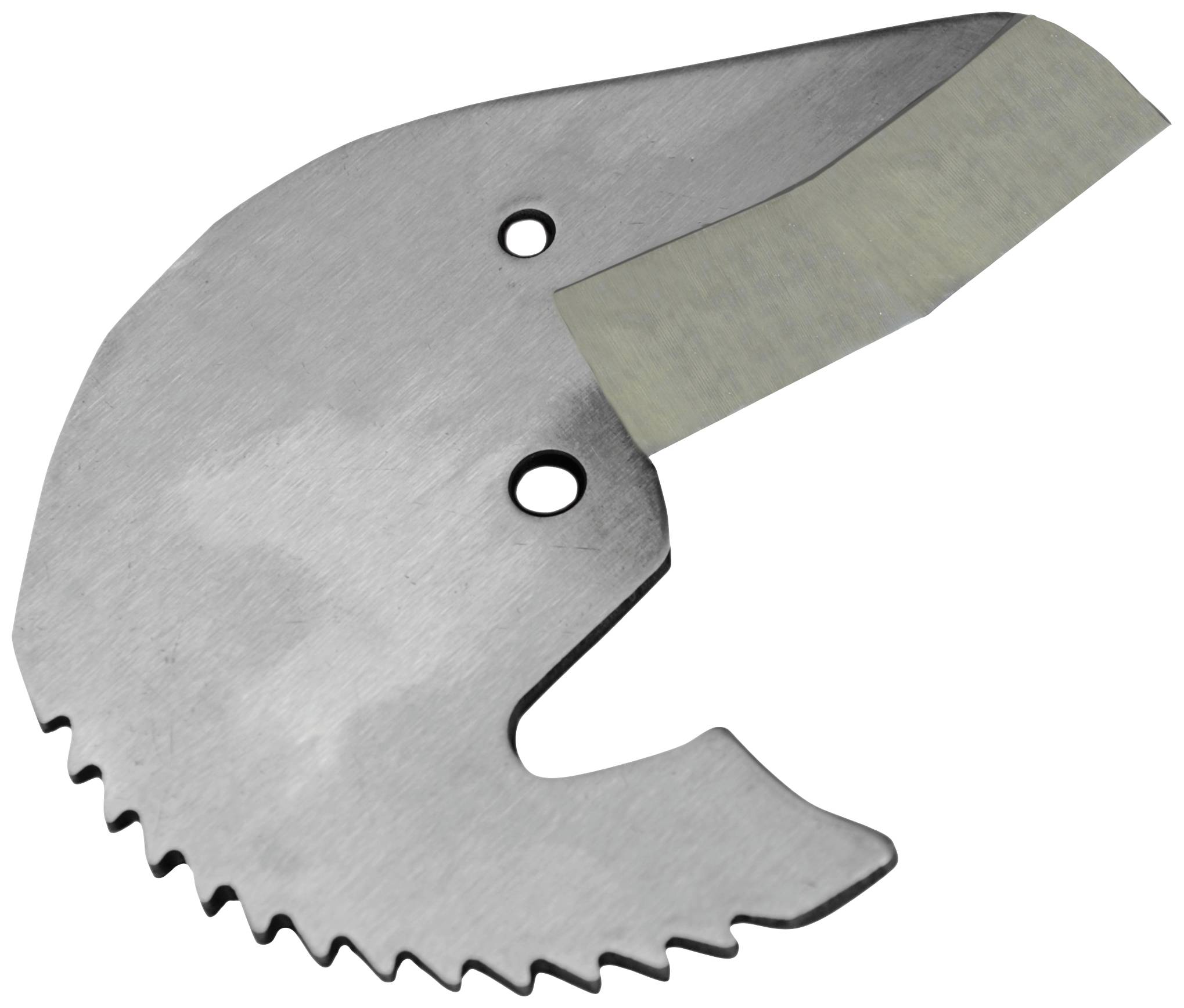Ein gezacktes Metallwerkzeug mit zwei Löchern und einem abgeschrägten scharfen Rand.