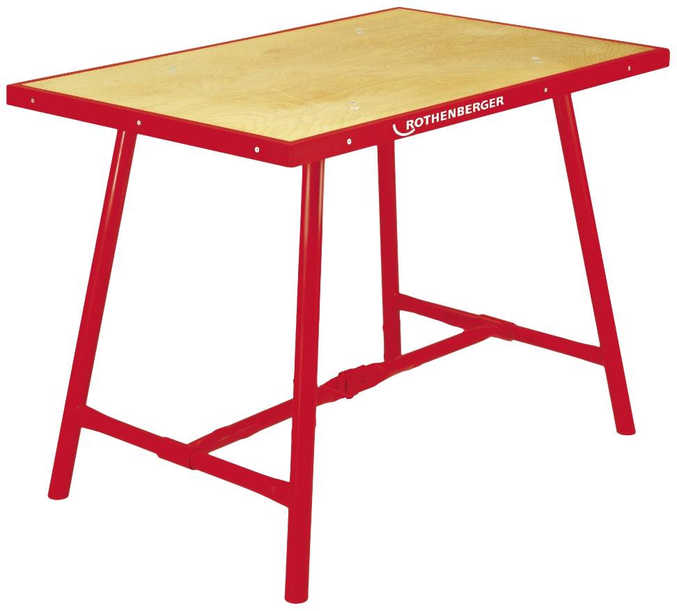 Ein roter klappbarer Arbeitstisch aus Metall mit Holzoberfläche.