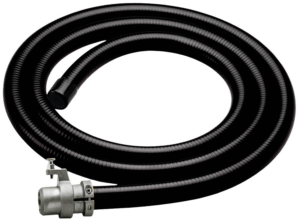 Ein schwarzer, spiralförmiger Schlauch mit einer metallischen Kupplung am Ende, der für industrielle oder technische Anwendungen geeignet ist.