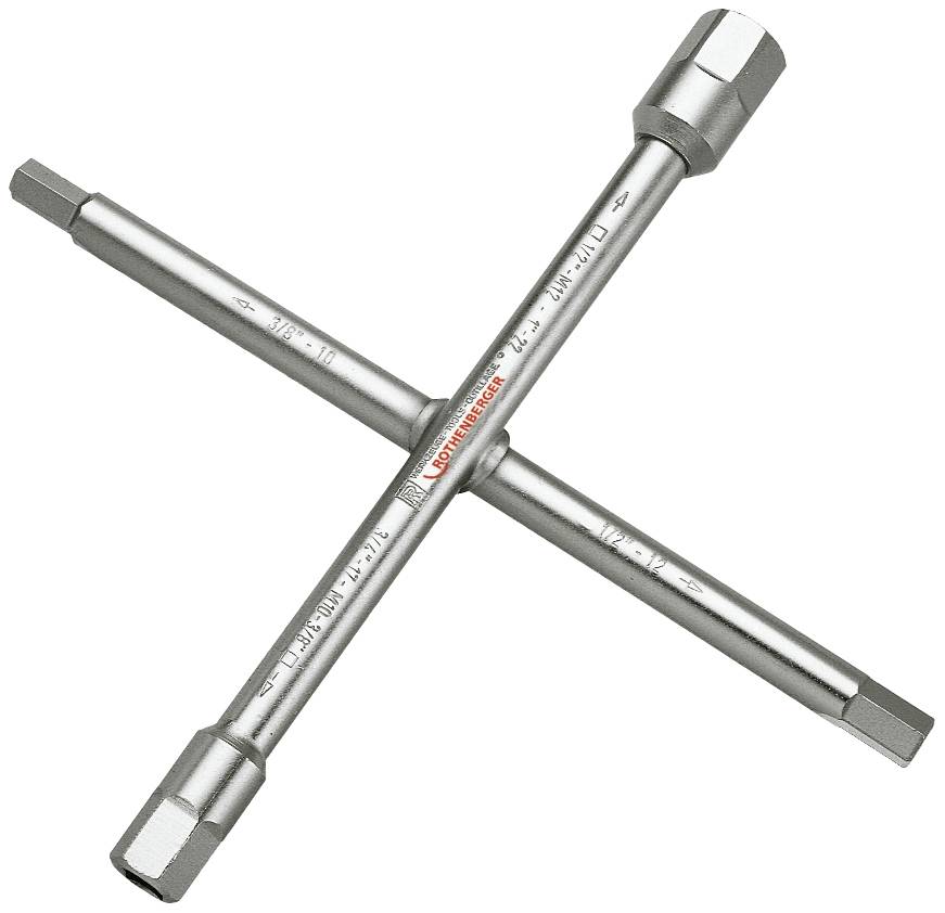 Kreuzschlüssel aus Metall mit vier verschiedenen Stecknüssen an den Enden für unterschiedliche Schraubengrößen.