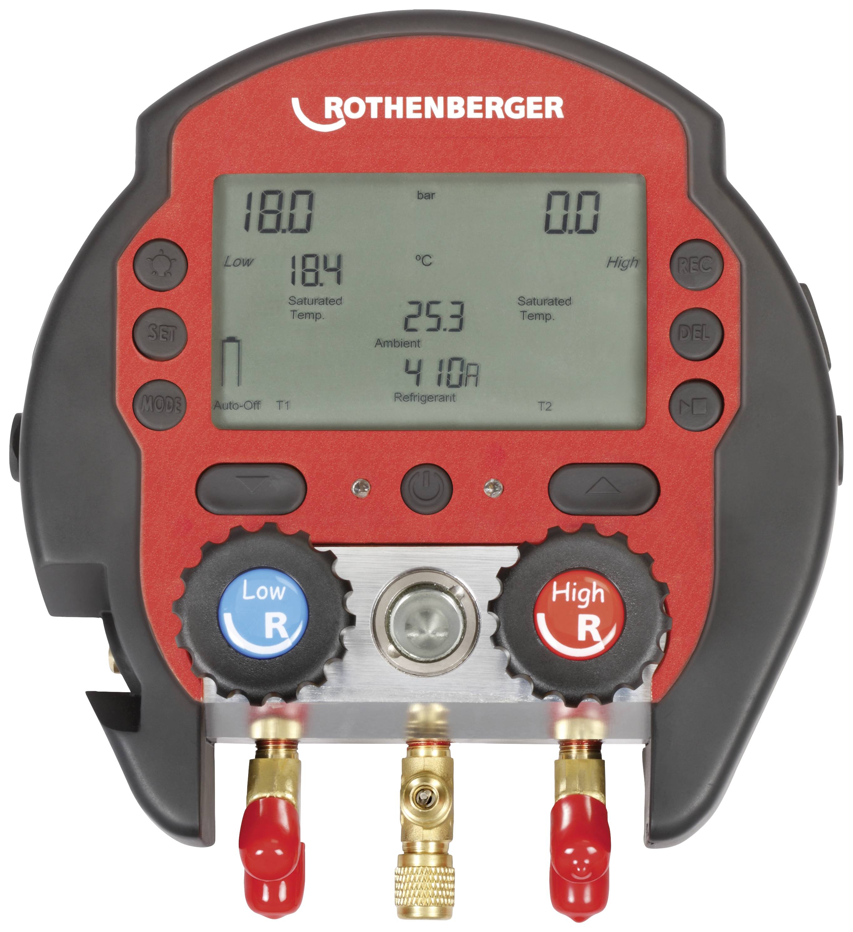 Digitales Manometer zur Messung von Druck und Temperatur bei Kältemittelanlagen, mit zwei großen LCD-Displays und farbigen Ventilknöpfen.