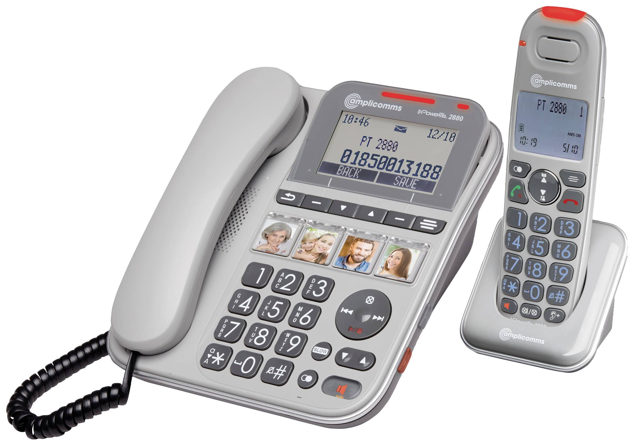 Amplicomms PowerTel 2880 Schnurloses Seniorentelefon Anrufbeantworter, Freisprechen, für Hörgeräte kompatibel, inkl. Mobilteil, Optische Anrufsign