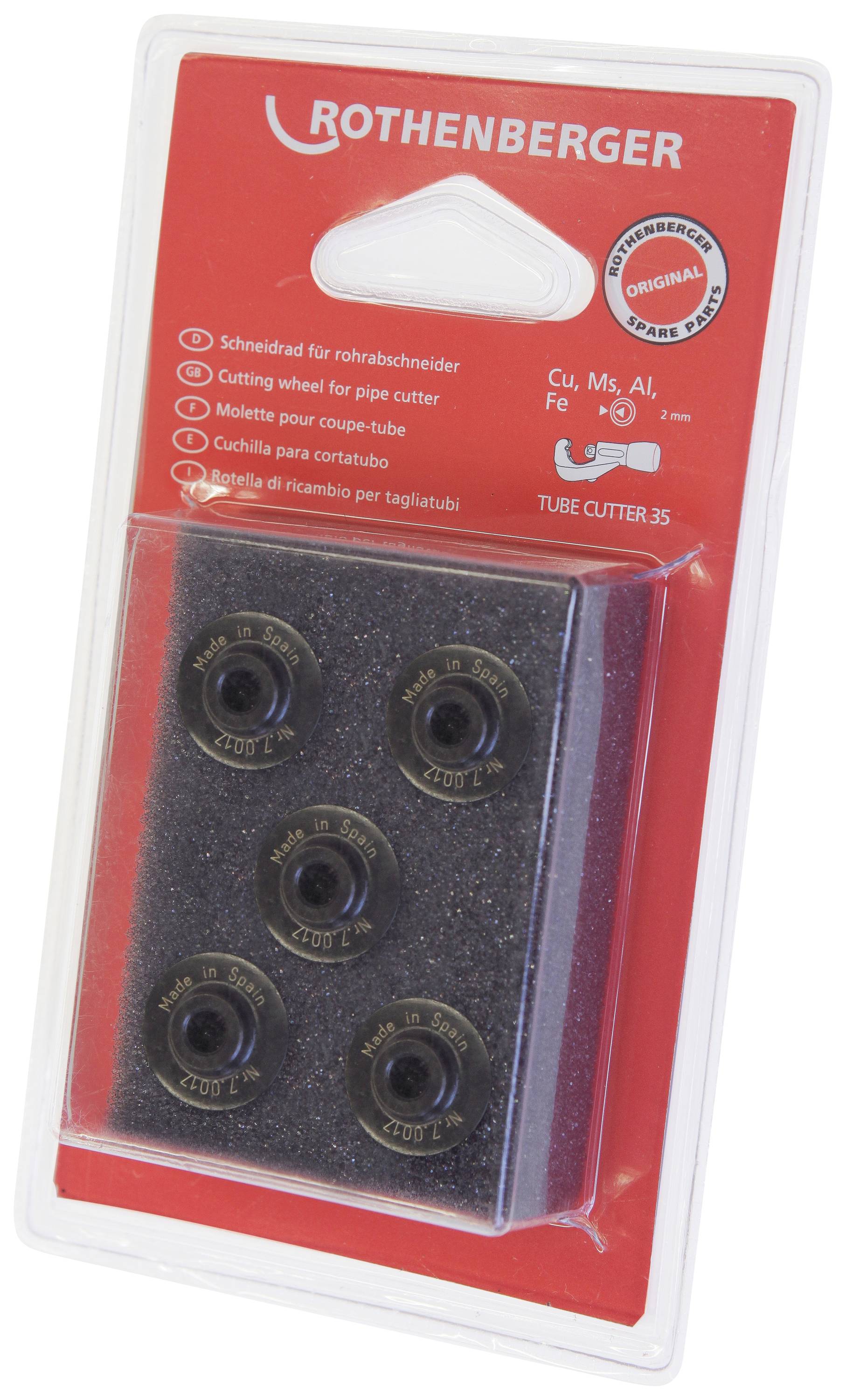 Verpackung mit fünf Schneidrädchen für Rohrschneider der Marke Rothenberger, geeignet für Materialien wie Kupfer und Aluminium.