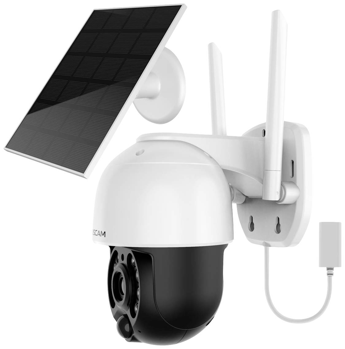 Überwachungskamera, die an einem Wandhalterungssystem mit Solarpanel befestigt ist. Sie verfügt über Antennen und eine Anschlusskabel.