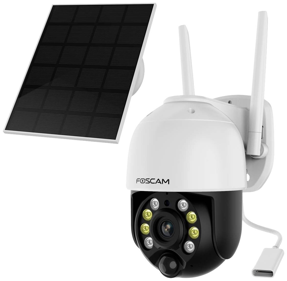 Überwachungskamera mit Solarpanel von Foscam, ausgestattet mit mehreren LED-Leuchten und Antennen für drahtlose Verbindung.