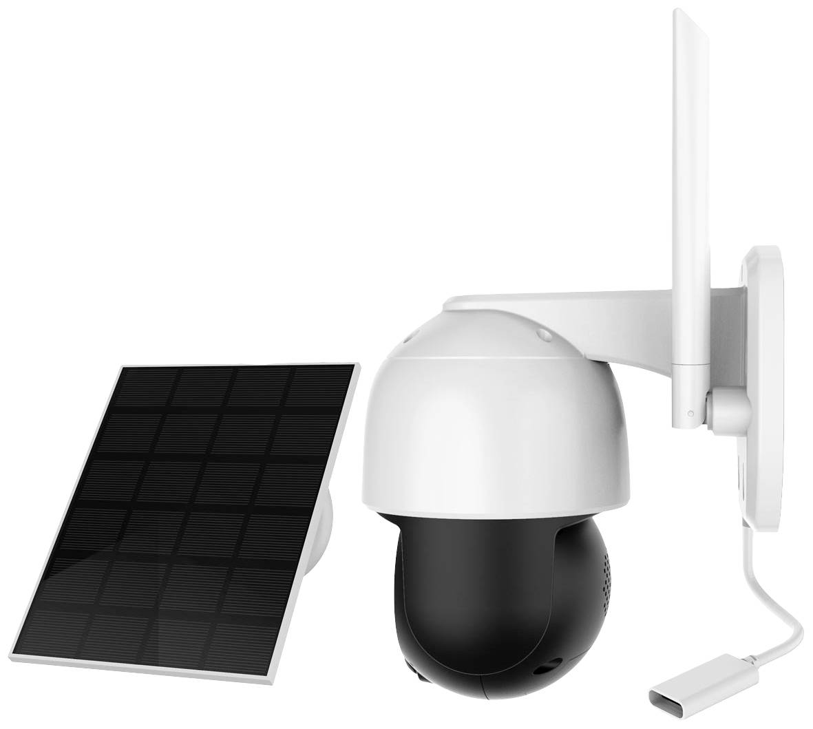 Eine Überwachungskamera mit Solarpanel, montiert an einer Wandhalterung. Die Kamera verfügt über eine Antenne für kabellose Verbindung.