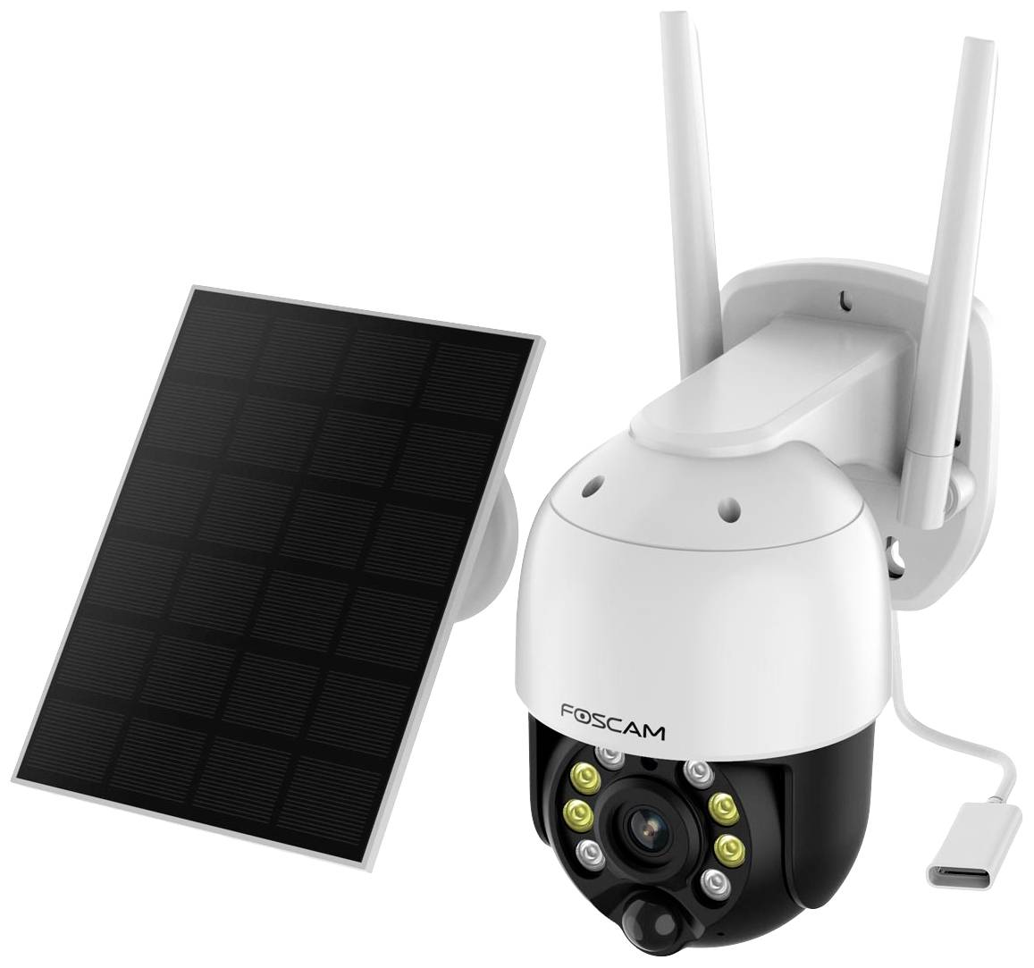 Überwachungskamera mit Solarpanel und zwei Antennen, Foscam-Logo auf der Kamera.