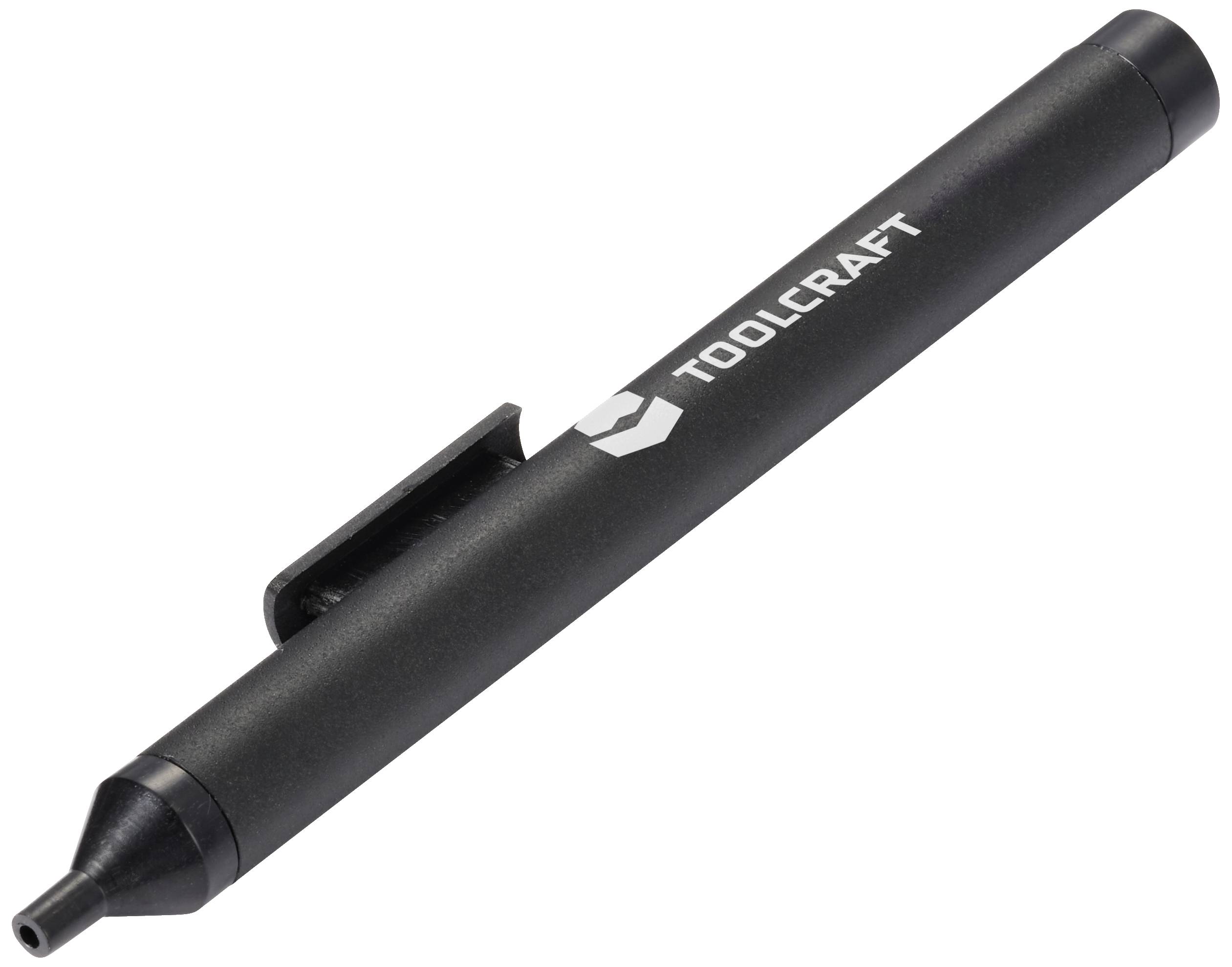 Ein schwarzer Stift mit den Worten 'TOOLCRAFT' darauf, liegt waagrecht.