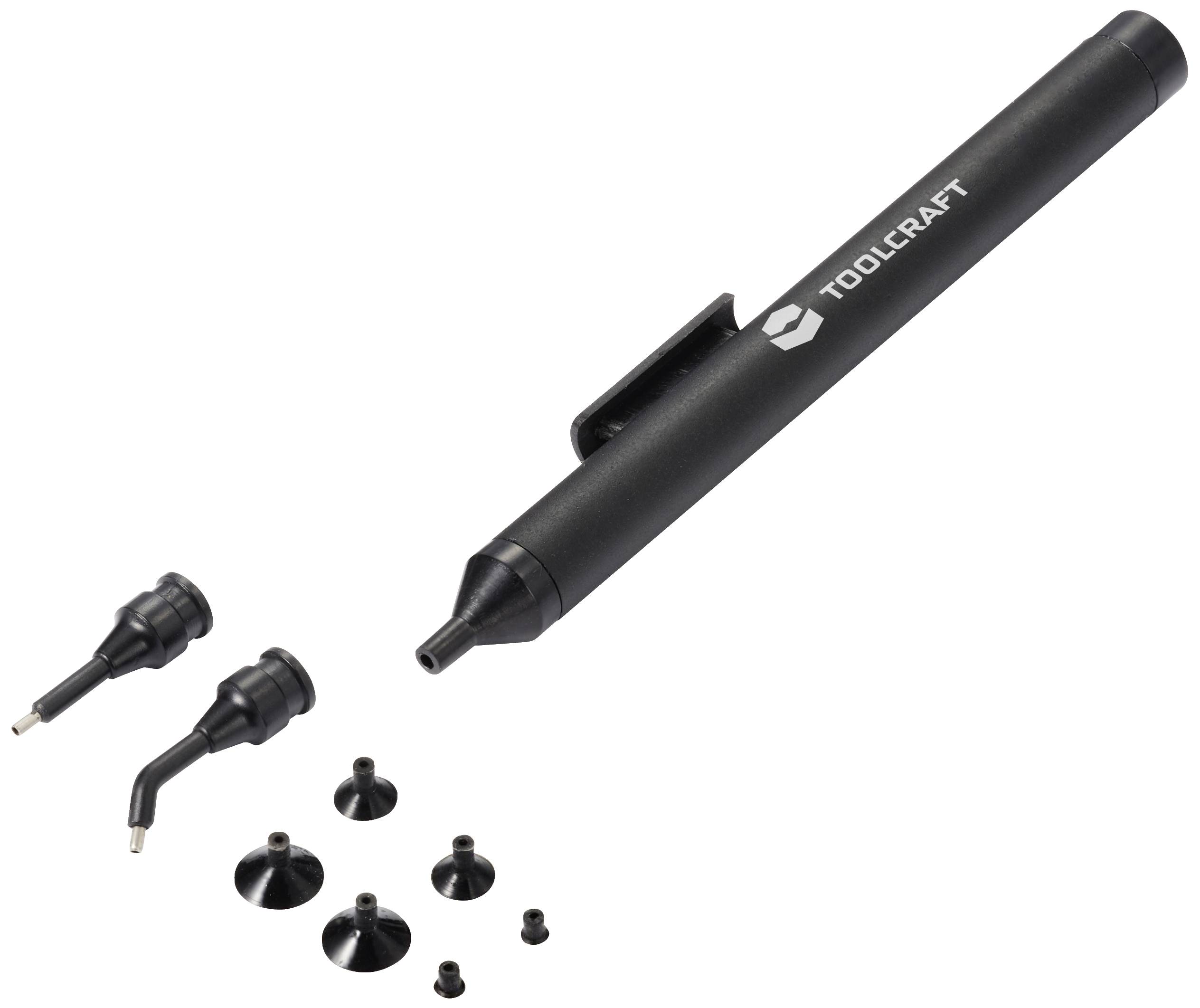 Schwarzer Vakuum-Stift mit der Aufschrift 'Toolcraft' und sieben verschiedenen auswechselbaren Spitzen und Düsen.