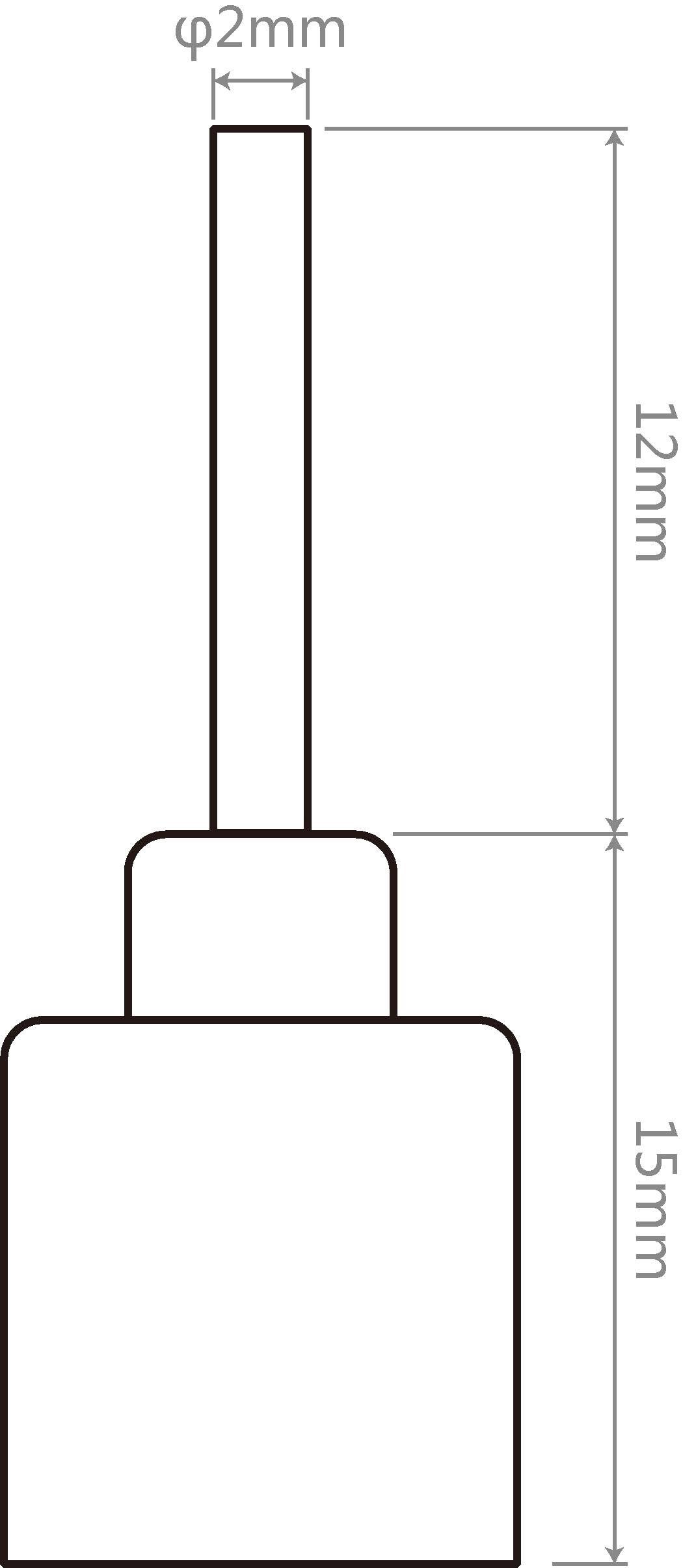 Technische Zeichnung eines zylindrischen Objekts mit Maßen: Durchmesser 2 mm, Länge 12 mm, Basisbreite 15 mm.