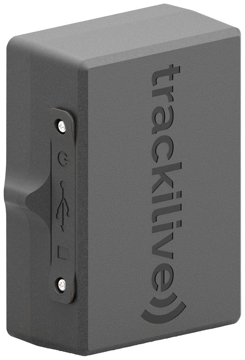 Ein schwarzes GPS-Gerät mit der Aufschrift 'trackilive'. Seitlich ist ein USB-Anschluss sichtbar.