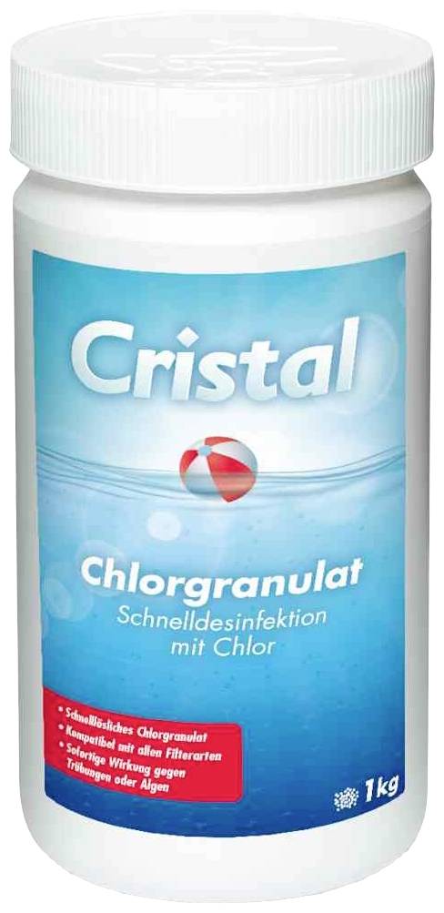 Plastikbehälter mit blauem Etikett. Text: 'Cristal Chlorgranulat', 'Schnelldesinfektion mit Chlor'. Inhalt: 1 kg.