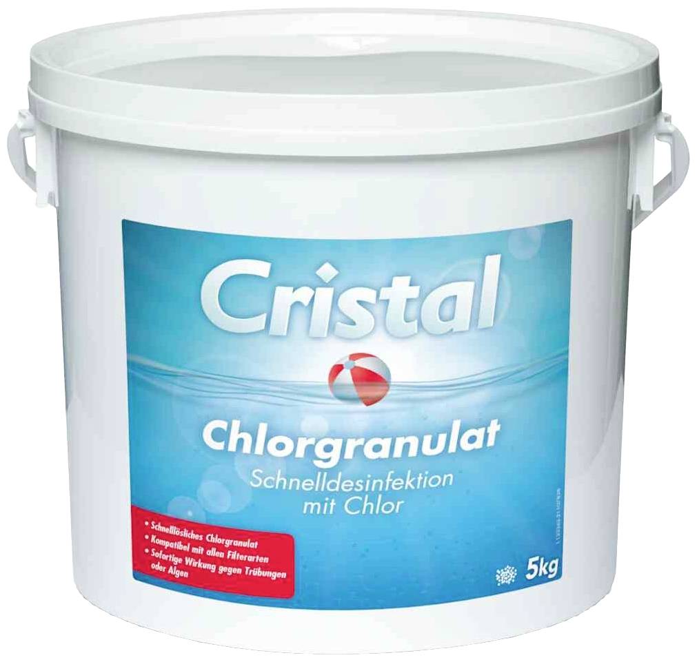Eimer mit der Aufschrift 'Cristal Chloro-Granulat'. Zur schnellen Desinfektion mit Chlor, 5 kg Inhalt. Geeignet für Pools.