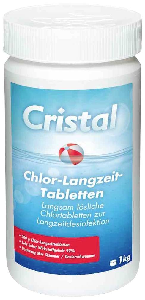 Eine Dose 'Cristal Chlor-Langzeit-Tabletten', langsam löslich, zur Langzeitdesinfektion; 1 kg Gesamtgewicht.