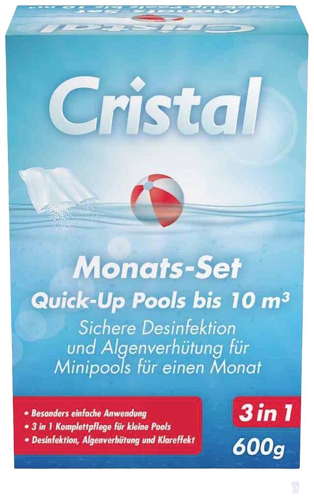 Verpackung eines Pool-Chemiekits 'Cristal Monats-Set'. Bietet Desinfektion für Quick-Up Pools bis 10 m³. Inhalt: 600g, 3-in-1 Produkt.