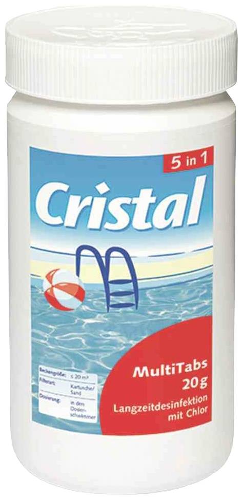 Plastikflasche mit 'Cristal 5 in 1 MultiTabs' Etikett. Enthält 20g Langzeitdesinfektionstabletten mit Chlor für Schwimmbäder.