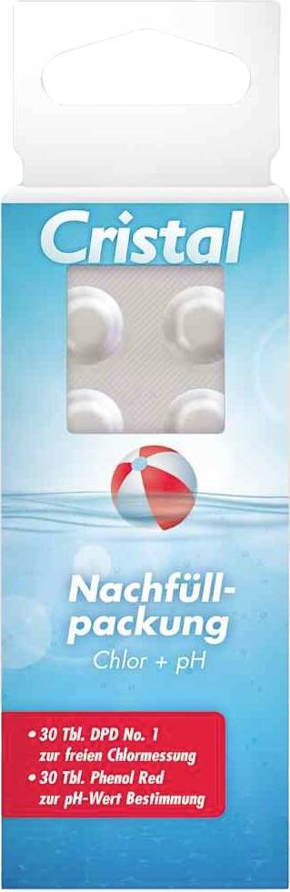 'Cristal Nachfüllpackung Chlor + pH' - Verpackung mit 30 Tabletten. Zur Messung von freiem Chlor und pH-Wert im Wasser geeignet.