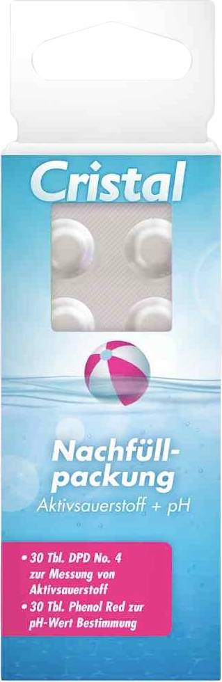 Verpackung von Cristal Nachfüllpackung für Aktivsauerstoff und pH-Wert-Messung. Enthält 30 DPD No. 4 Tabletten und 30 Phenol Red Tabletten.