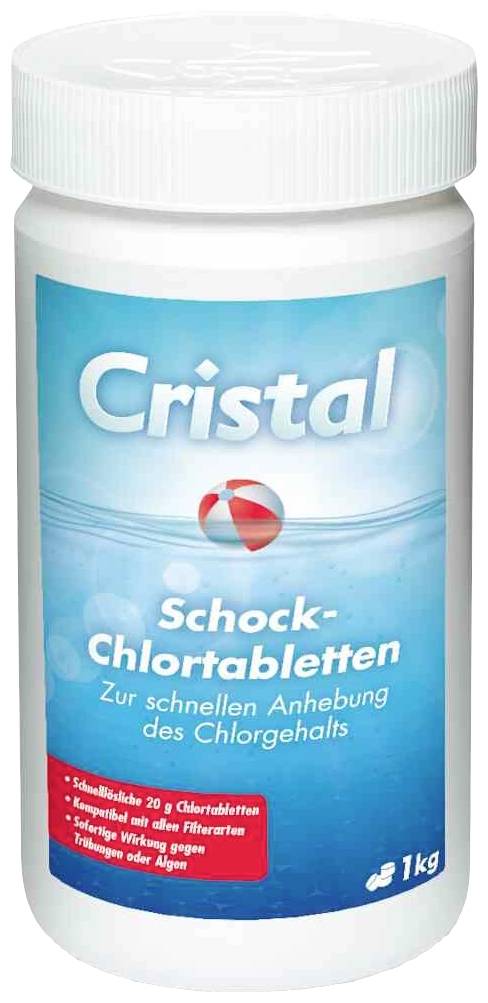 'Cristal Schock-Chlortabletten' auf einer Plastikflasche dargestellt, zur schnellen Anhebung des Chlorgehalts im Wasser. Verpackung zeigt blaue Töne mit textlichen Informationen auf der Vorderseite.