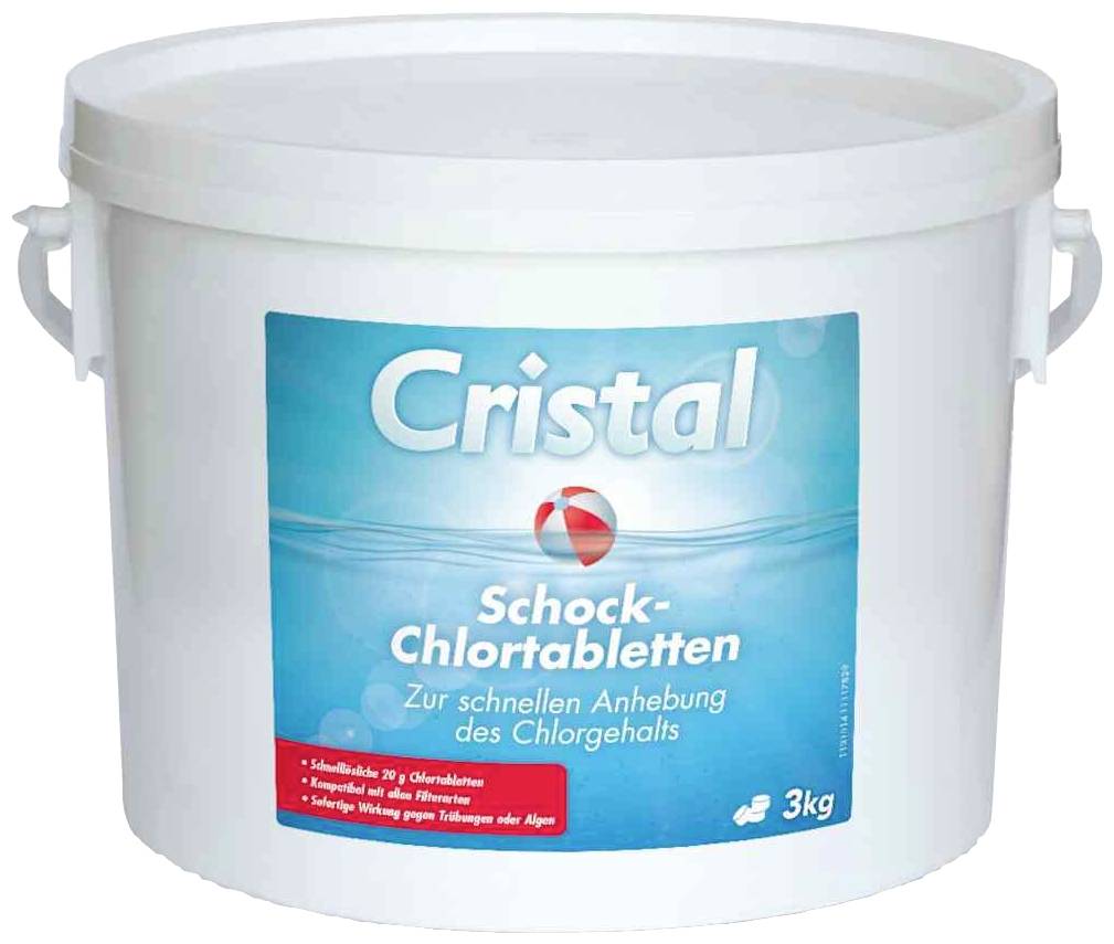 Ein weißer Eimer mit der Aufschrift 'Cristal Schock-Chlortabletten' für schnelle Erhöhung des Chlorgehalts, 3kg.