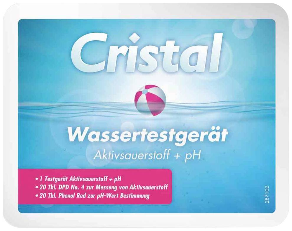 'Cristal Wassertestgerät' Verpackung. Enthält Aktivsauerstoff- und pH-Teststreifen, Hinweise zur Messung von Poolwasserwerten.