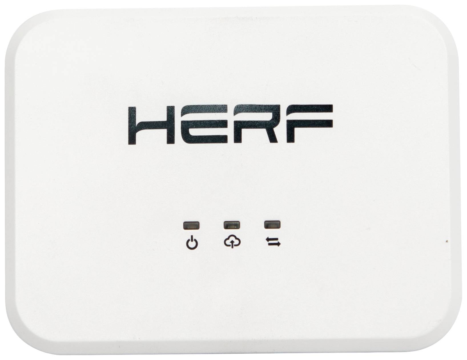 Weißes rechteckiges Gerät mit der Aufschrift 'HERF' oben und drei Symbolen darunter: Einschaltknopf, Wolke und Datenübertragung.