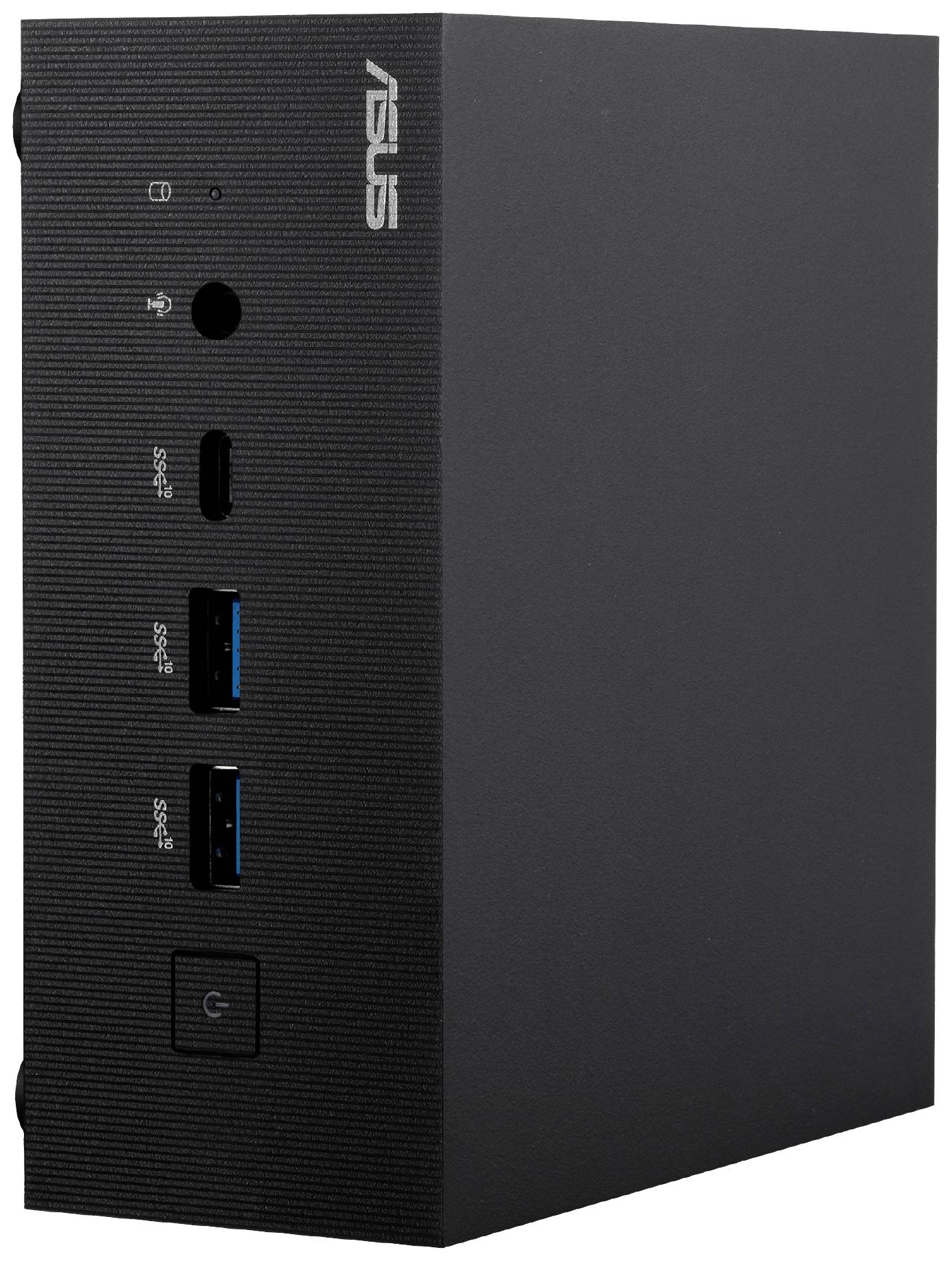 Schwarze externe Festplatte mit zwei USB 3.0-Anschlüssen, HDMI-Port und Stromtaste. Markennamen oben links sichtbar.