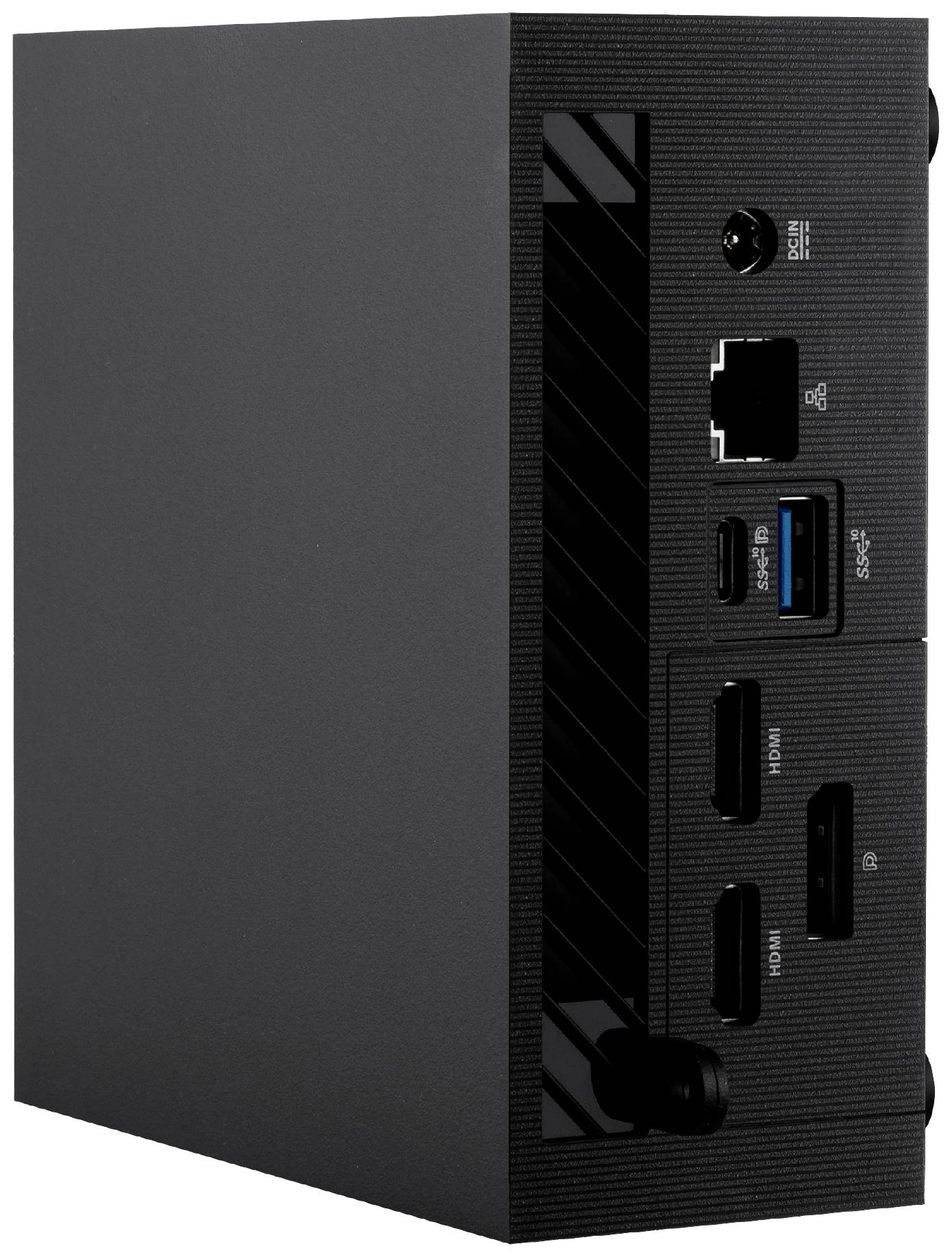 Kompaktes, schwarzes Gerät mit verschiedenen Anschlussmöglichkeiten wie USB, HDMI und Ethernet auf einer Seite sichtbar.