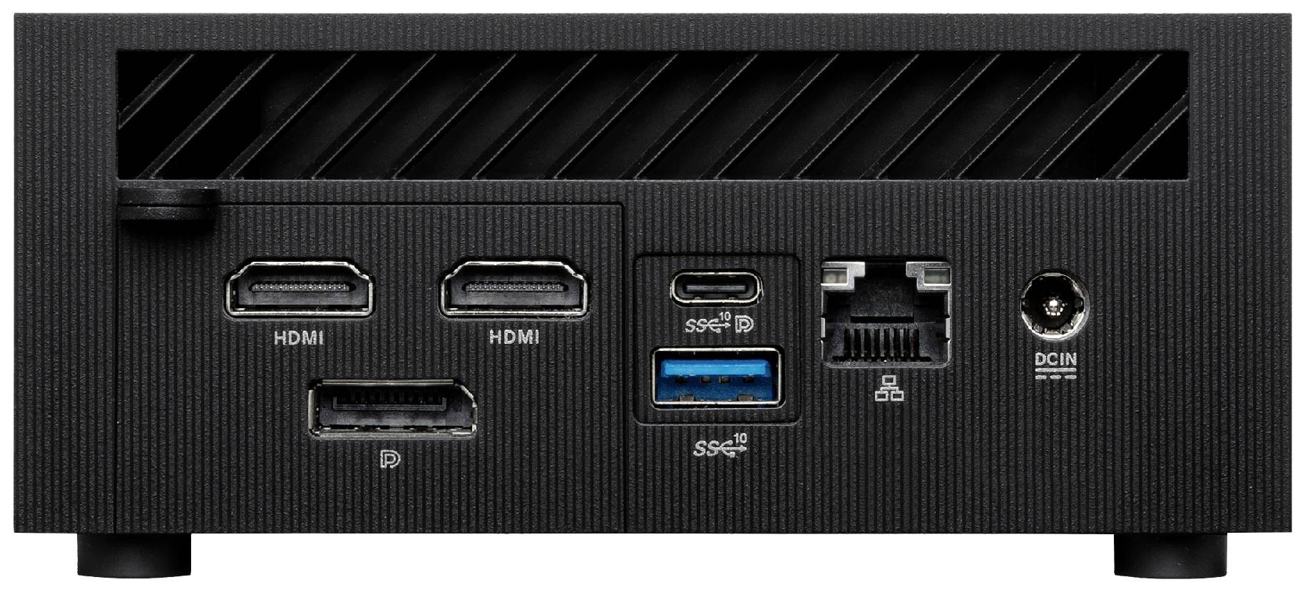 Rückseite eines Geräts mit Anschlüssen: zwei HDMI, ein DisplayPort, ein USB-C, ein USB-A, ein Ethernet-Anschluss und ein DCIN.