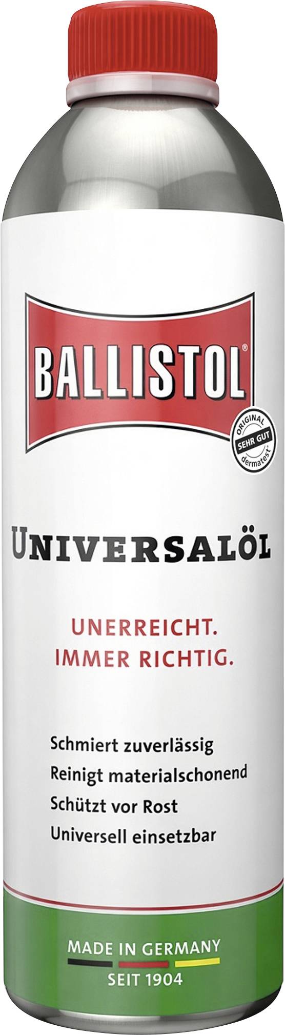 Eine Flasche Ballistol Universalöl mit rotem Deckel und weißem Etikett, das deutschen Text zeigt: 'UNERREICHT. IMMER RICHTIG.' und 'MADE IN GERMANY'.