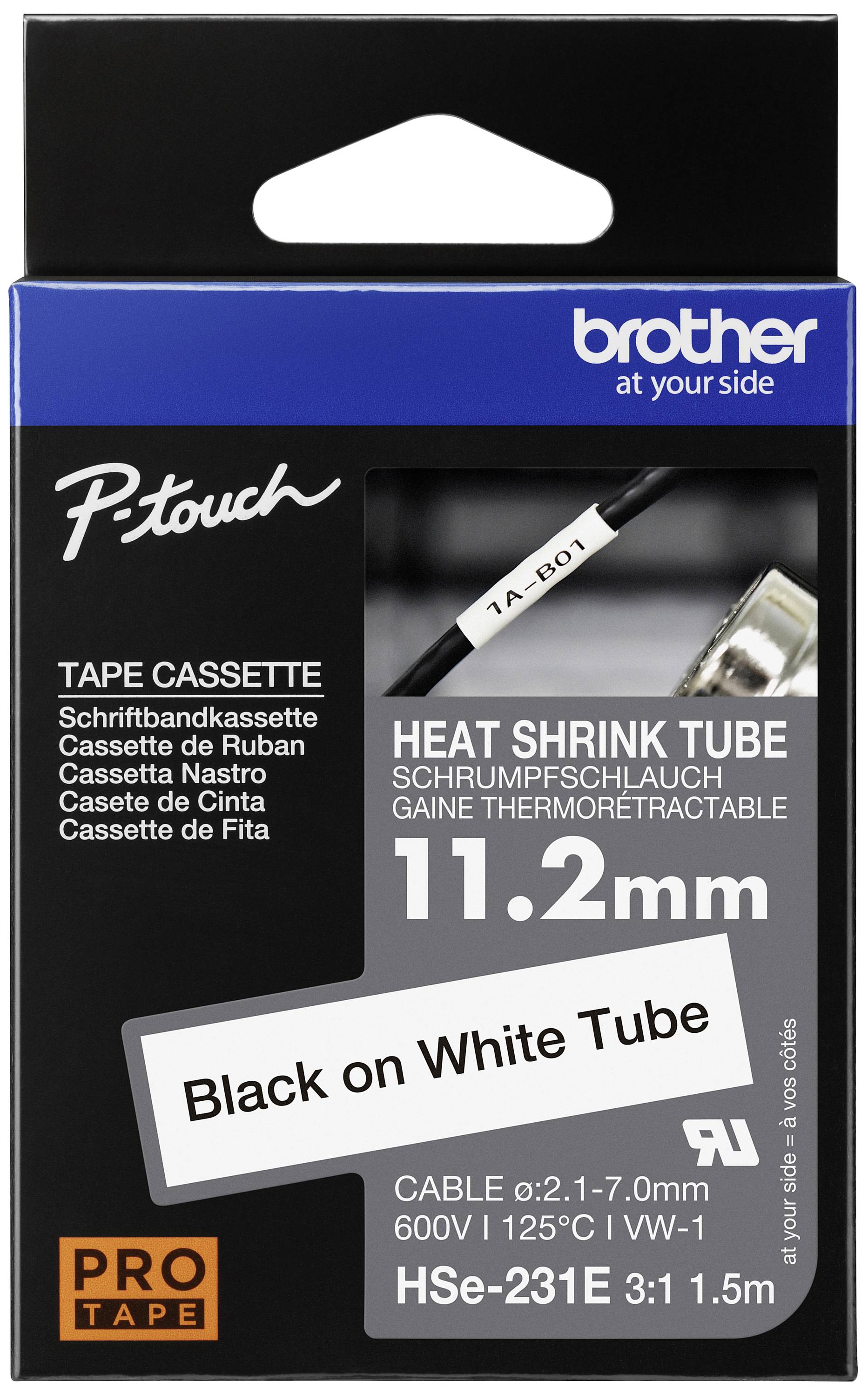 'Brother P-touch'-Verpackung für Schrumpfschlauchband, 11,2 mm, schwarz auf weiß, Modell HSe-231, für Kabel 0,2-7,0 mm, thermoretraktierbar.