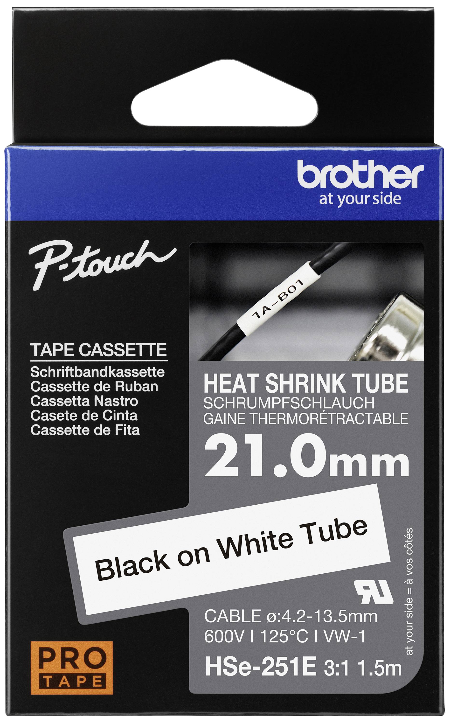 Schwarze Brother Pro Tape-Kassette für Schrumpfschlauch, 21.0mm, mit Text 'Black on White Tube'. Geeignet für Kabel 0,4-13,5mm.