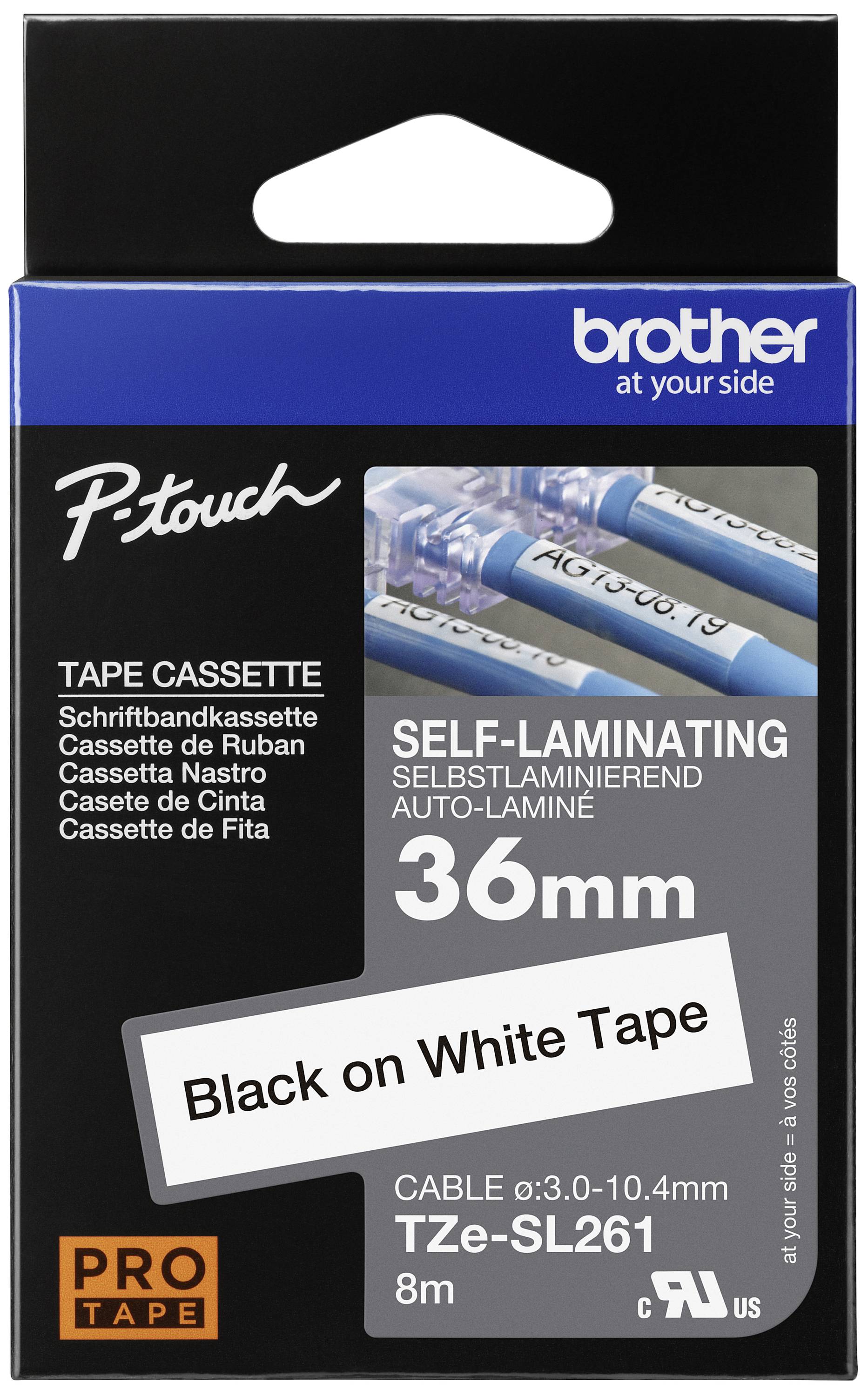 Verpackung einer selbstlaminierenden Brother P-touch Tape-Kassette, 36 mm, mit schwarzer Schrift auf weißem Hintergrund, Modell TZe-SL261.