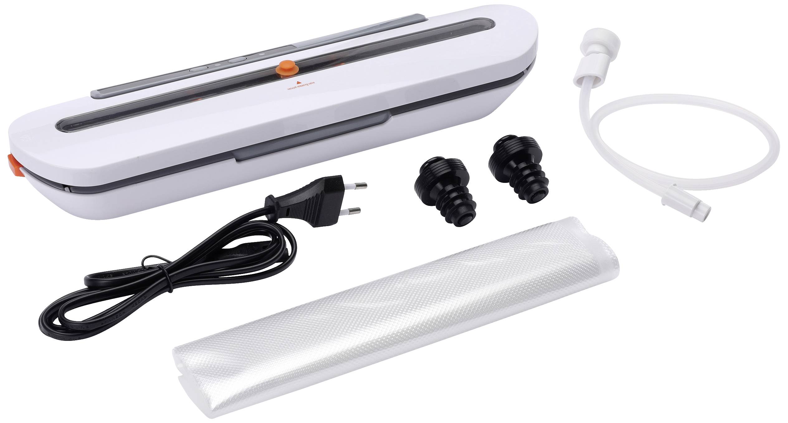 Vakuumierer-Set mit Hauptgerät, zwei Verschlussstücken, Netzkabel und Folienrolle. Ideal zum Versiegeln und Frischhalten von Lebensmitteln.