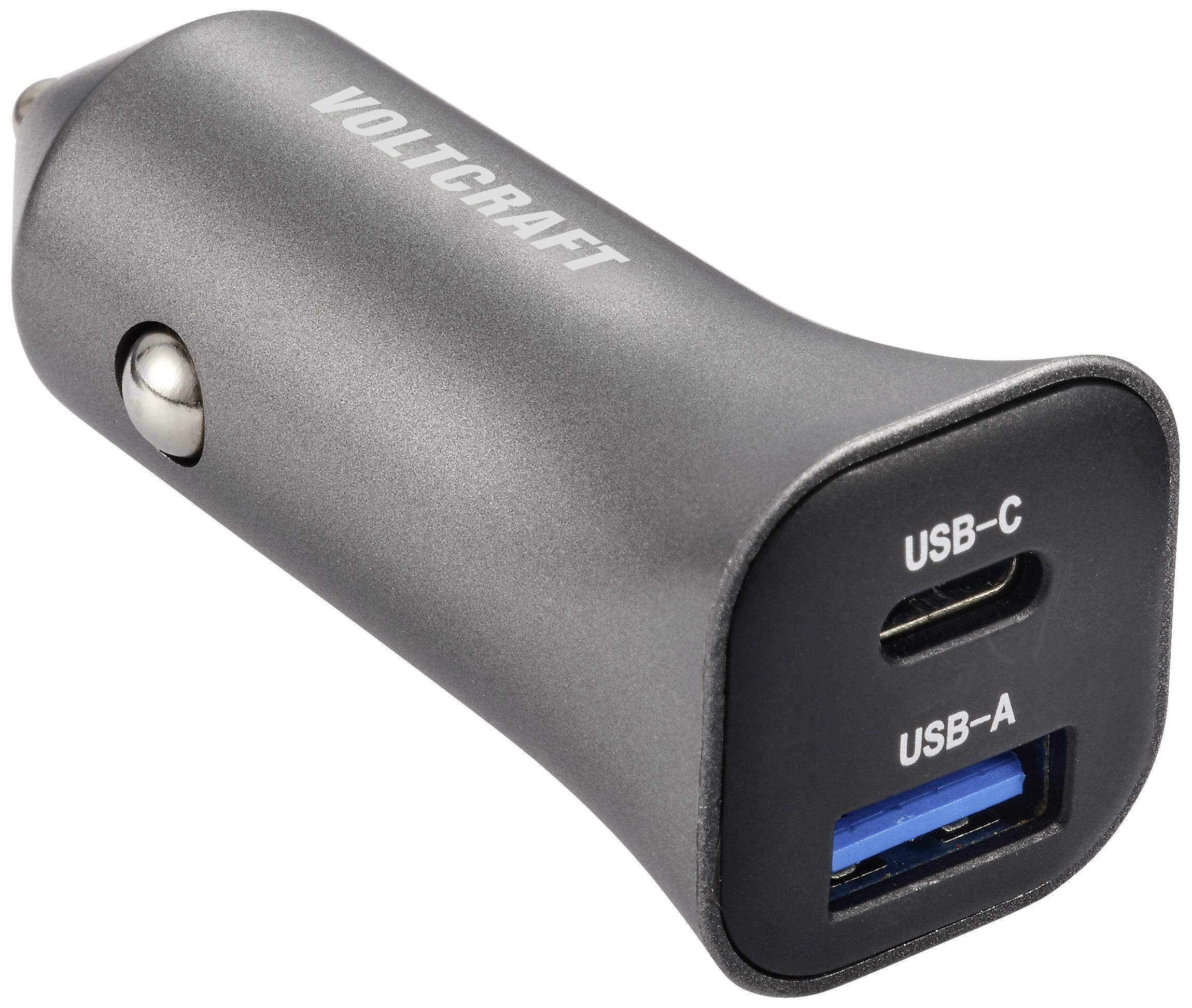 Kfz-Adapter in Schwarz mit USB-C- und USB-A-Anschlüssen auf der Vorderseite. Markennamen 'VOLICRAFT' auf der Oberseite.