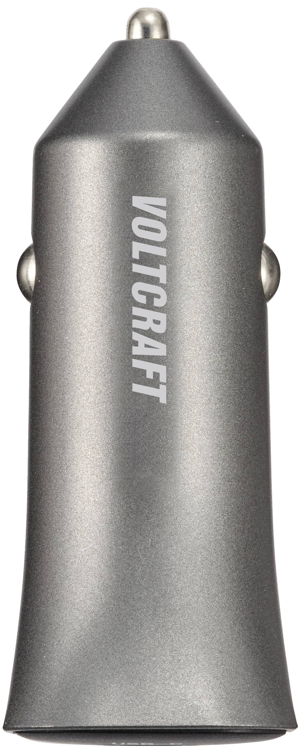 Silbernes Autoladegerät mit 'VOLTCRAFT'-Logo. Kompakt, mit rundem Gehäuse und USB-Ausgang an der Vorderseite.