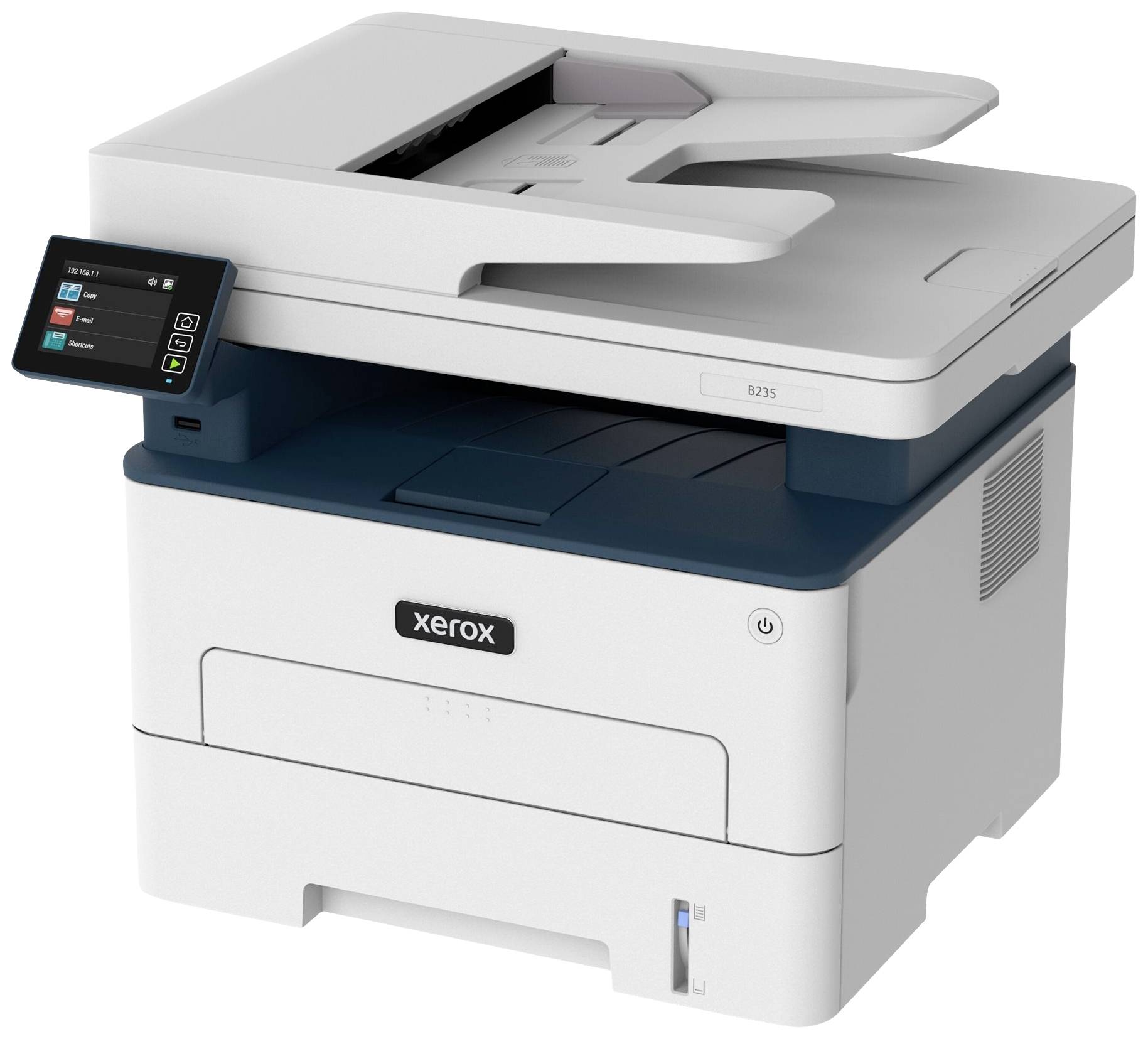 Ein moderner Multifunktionsdrucker mit Touchscreen-Bedienfeld, der Funktionen wie Drucken, Kopieren und Scannen bietet.