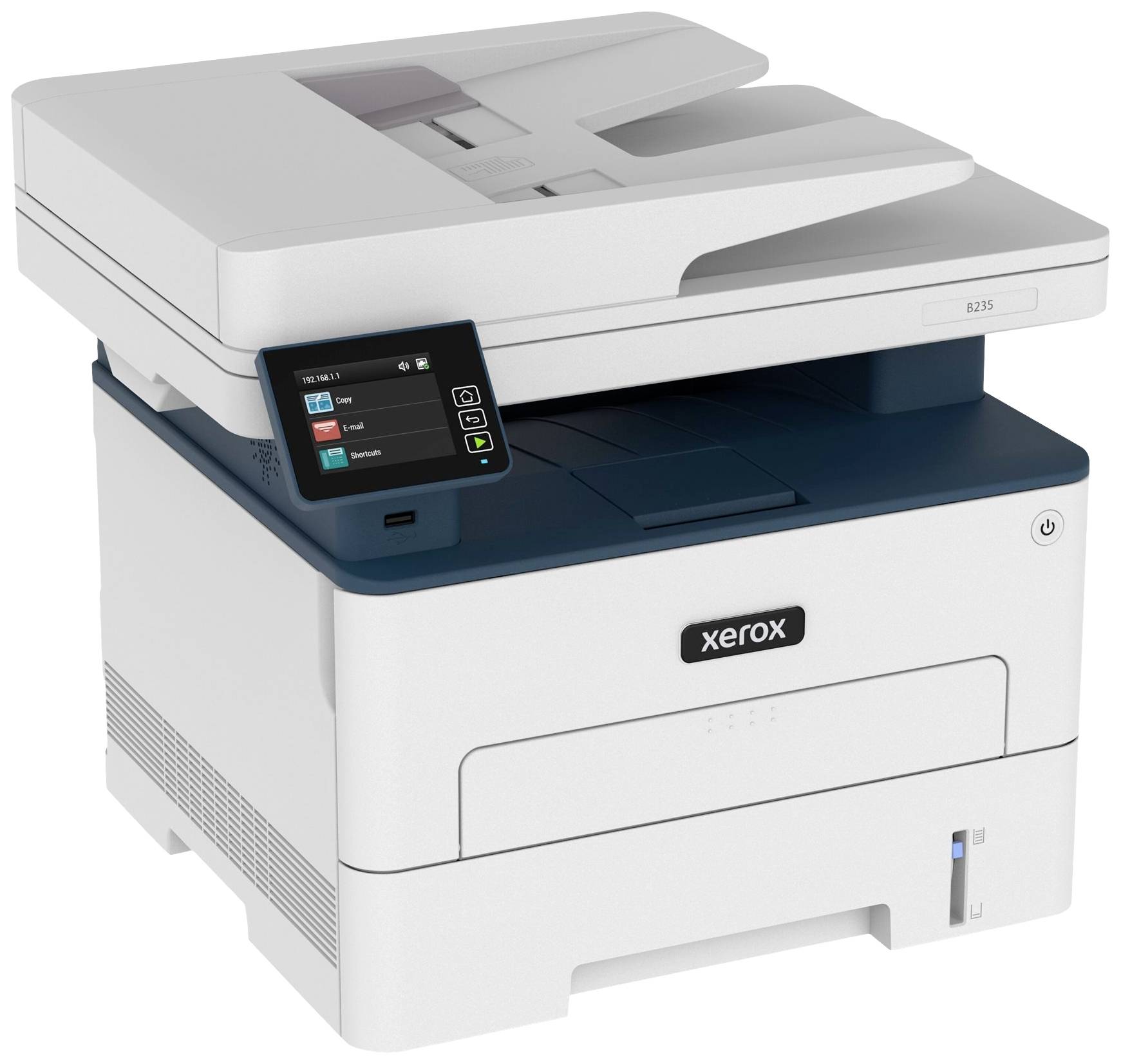 Ein Multifunktionsdrucker mit Touchscreen-Bedienfeld. Er bietet Optionen für Kopieren, Drucken und Scannen.