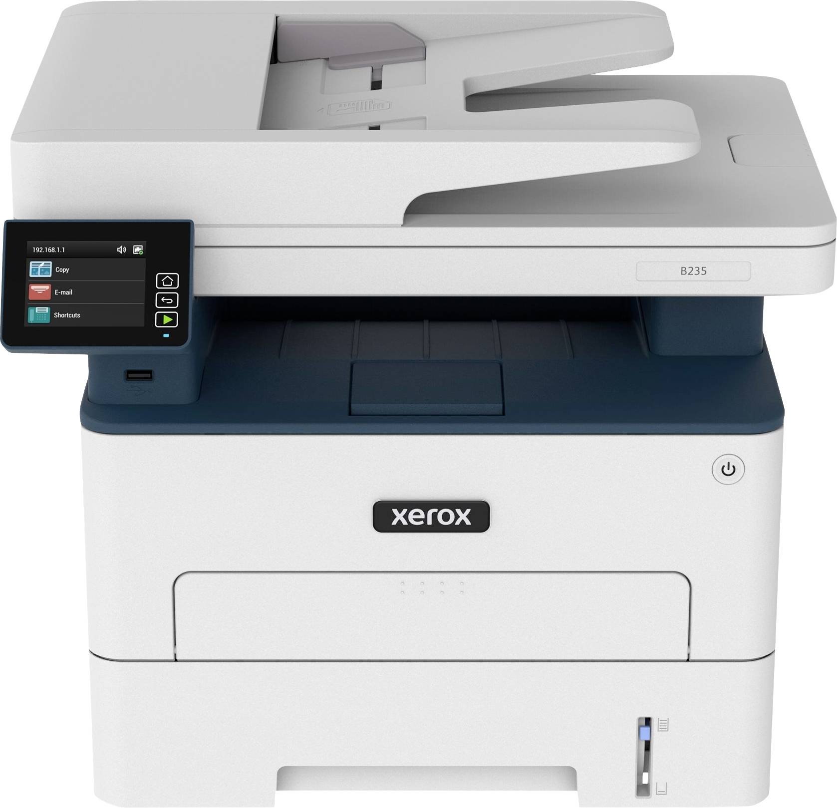 Multifunktionsdrucker mit Touchscreen-Display an der Vorderseite, zeigt Benutzeroptionen wie 'Kopieren', 'E-Mail' und 'Drucken'.