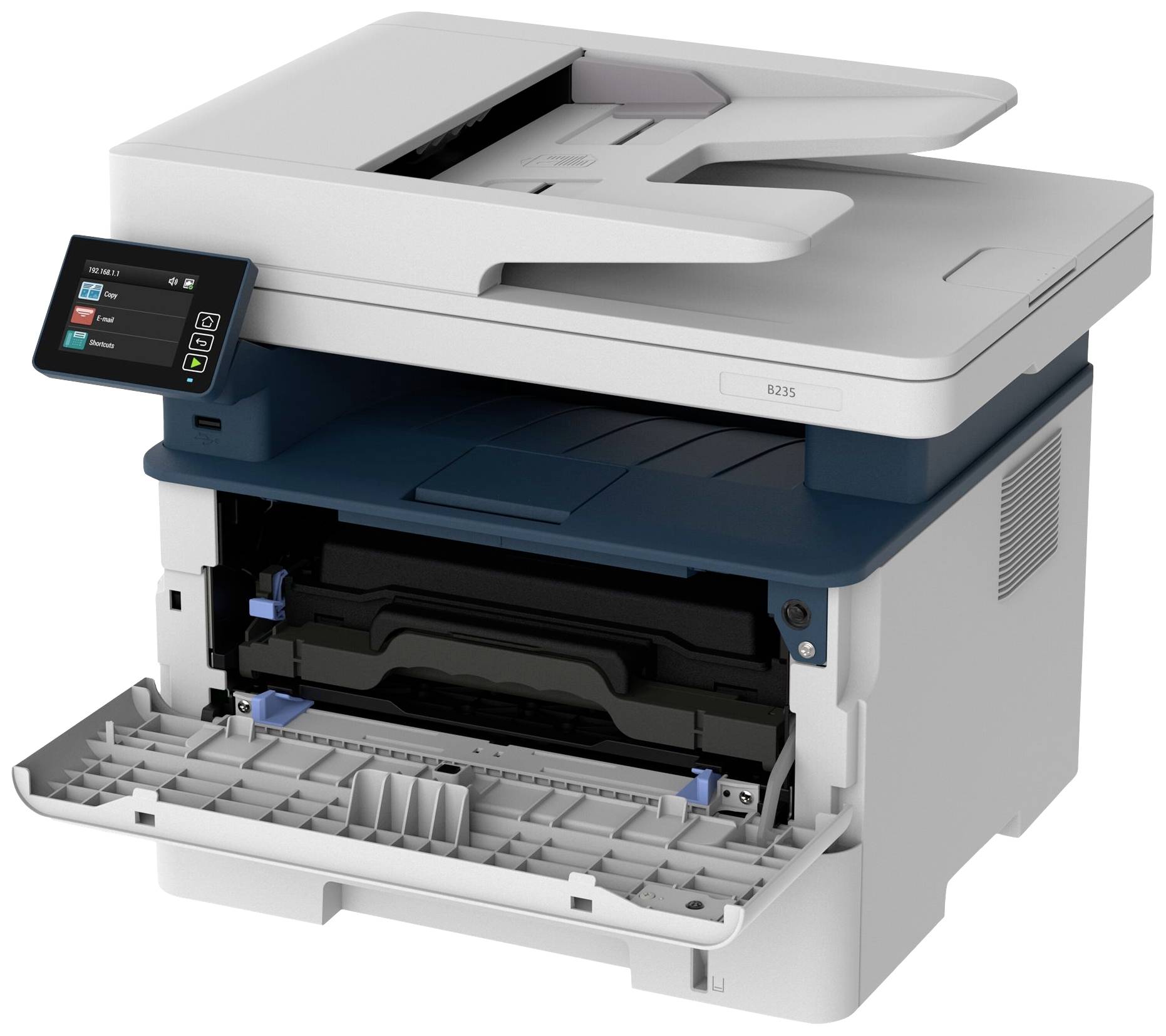 Ein Multifunktionsdrucker mit offenem Papierfach, einem Bedienfeld mit Touchscreen, zwei blauen Clip-Verschlüssen und grauem Gehäuse.