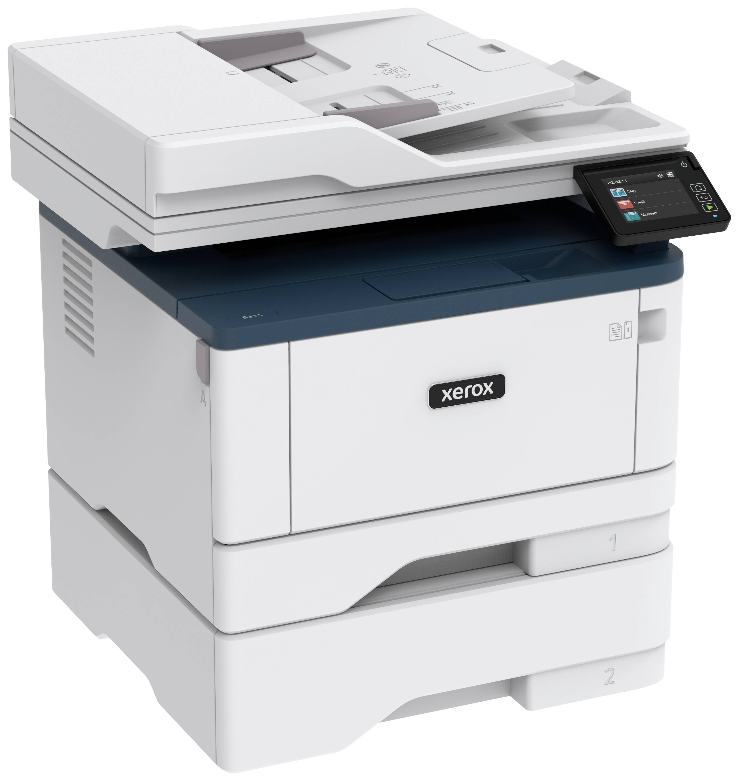 Ein weißer, moderner Drucker mit blauem Detail, integriertem Scanner und digitalem Bedienfeld oben rechts.