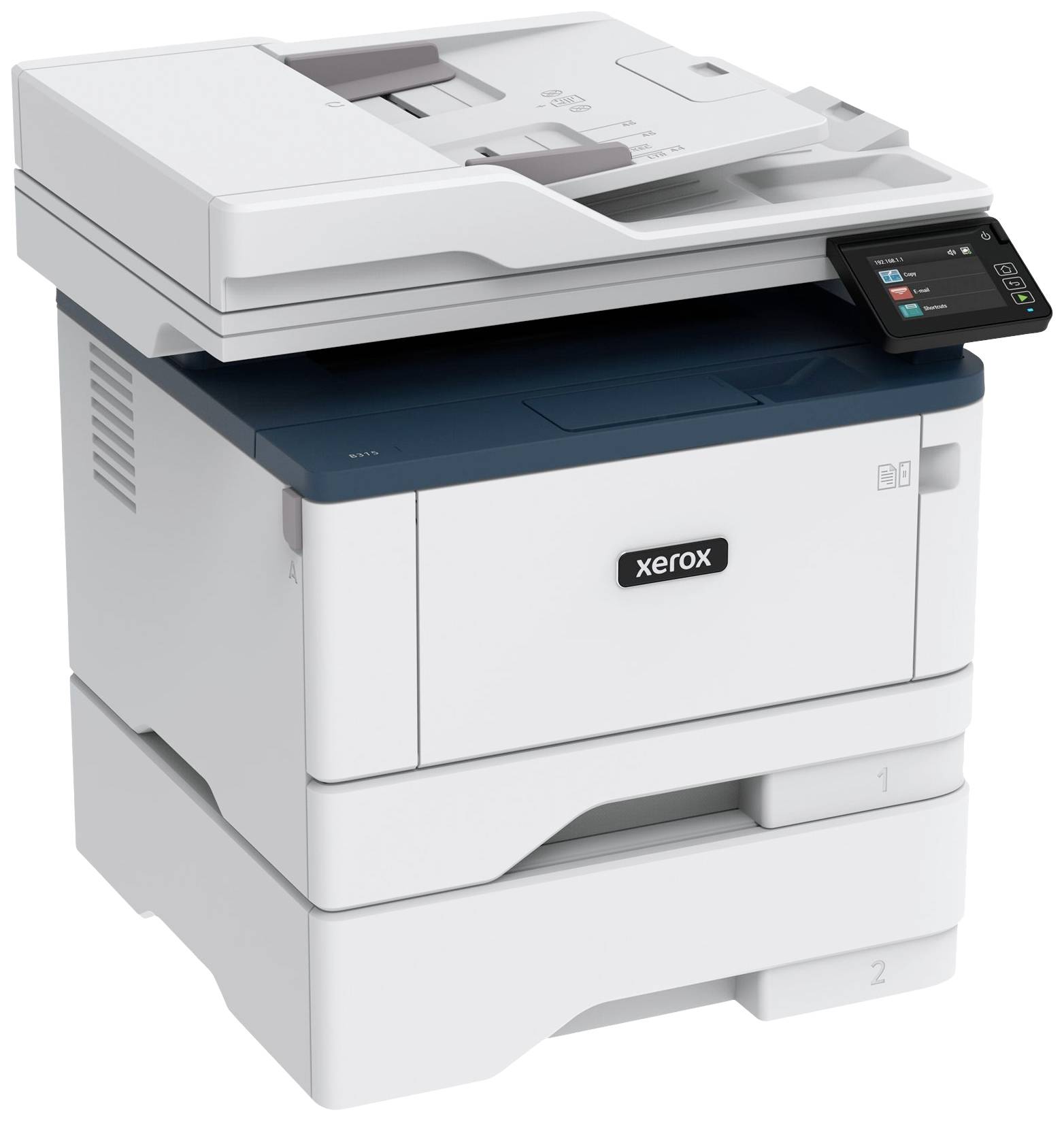 Ein grauer Büro-Multifunktionsdrucker mit Display und mehreren Papierfächern.