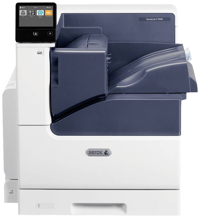 Ein Drucker der Marke Xerox, Modell VersaLink C7000, in weiß-blauer Farbe. Geeignet für Büros, mit multifunktionalem Bedienfeld.