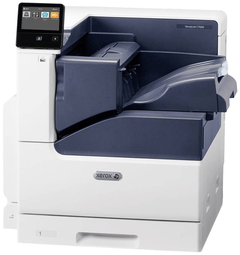 Ein weißer Drucker mit einem dunklen Bedienfeld und der Aufschrift 'Xerox'.
