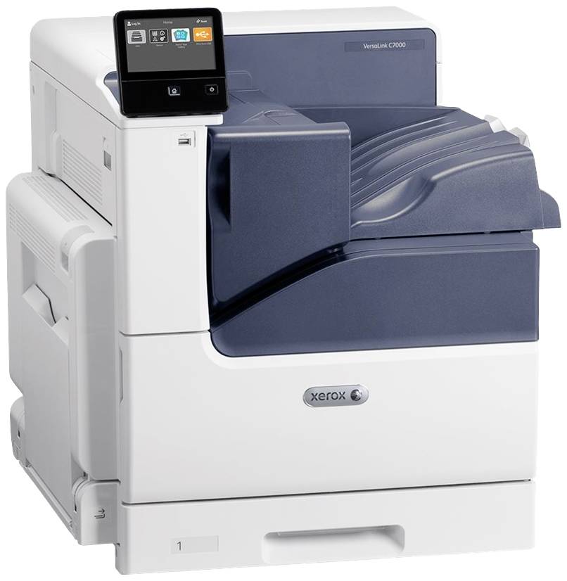 Ein Drucker mit touchfähigem Display, Modellnummer Xerox VersaLink C7000, geeignet zum Bedrucken von Papier in verschiedenen Formaten.