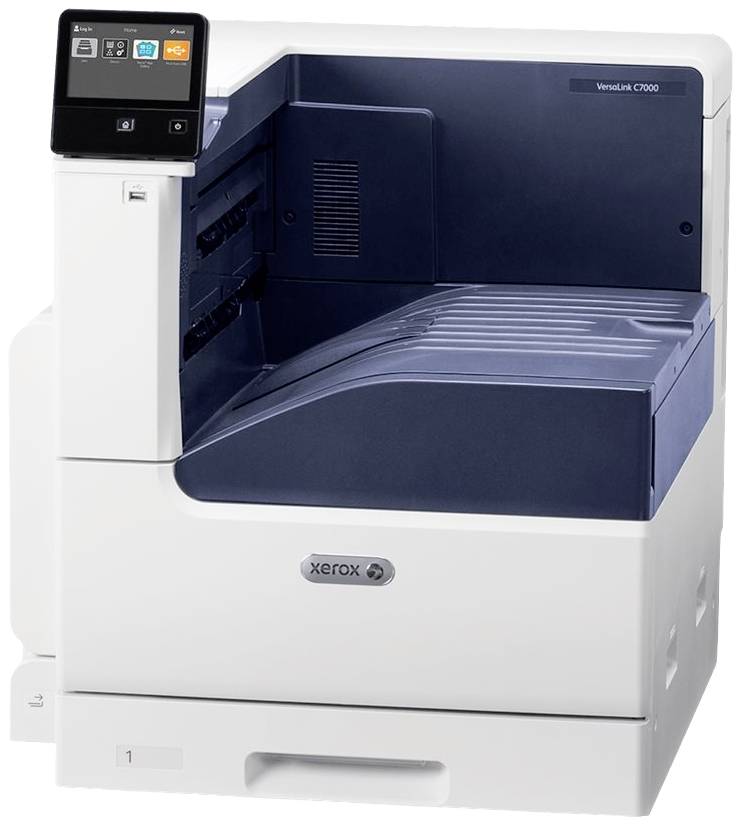 Ein moderner Bürodrucker mit digitalem Display und Papierausgabefach an der Seite, geeignet für den Einsatz in Unternehmen.