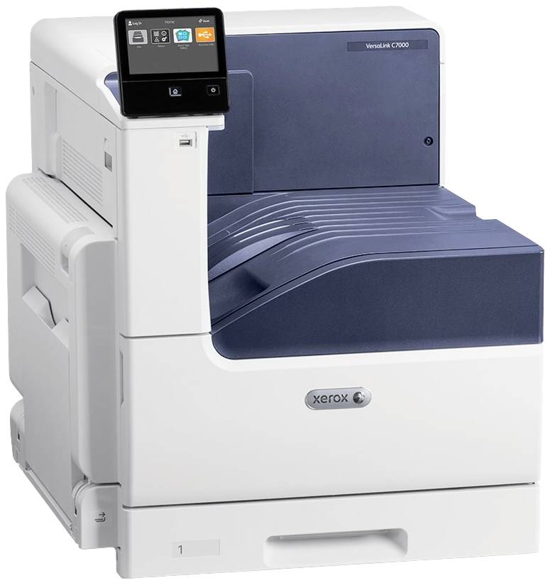 Ein weiß-blauer Drucker mit Bildschirm, Modell Xerox Versalink C9000.